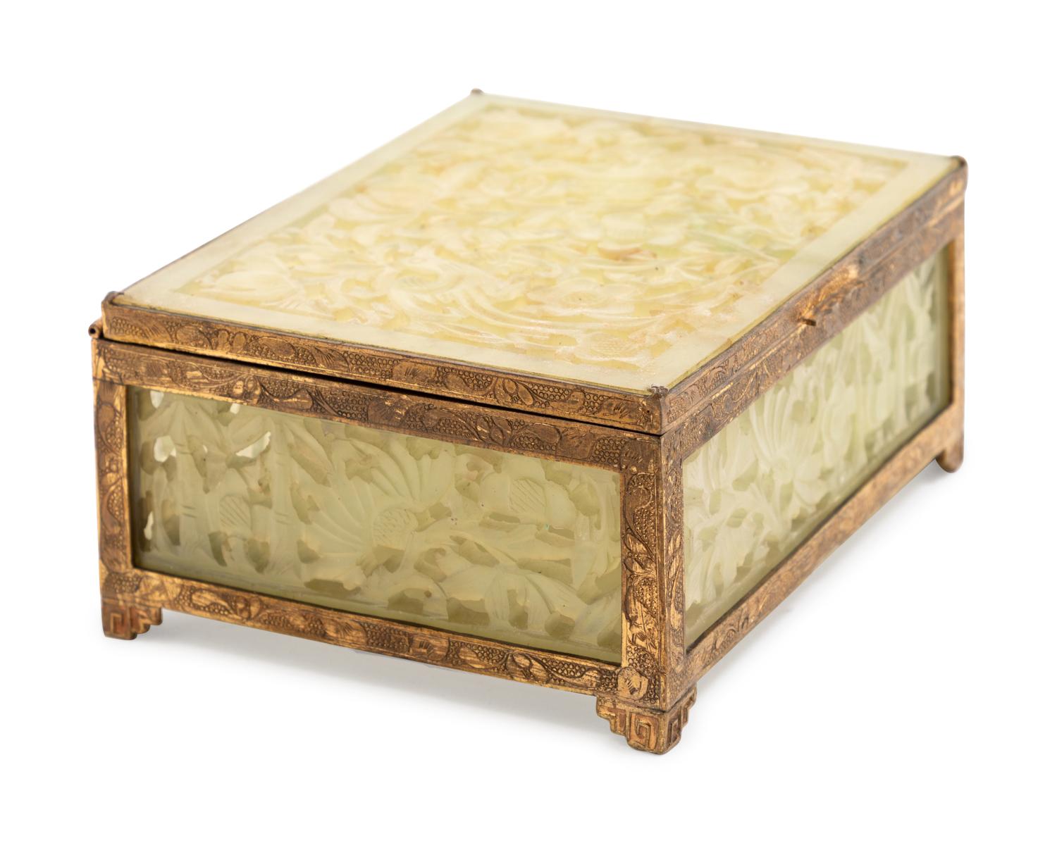 A Chinese Gilt Metal and Carved Hardstone Box
