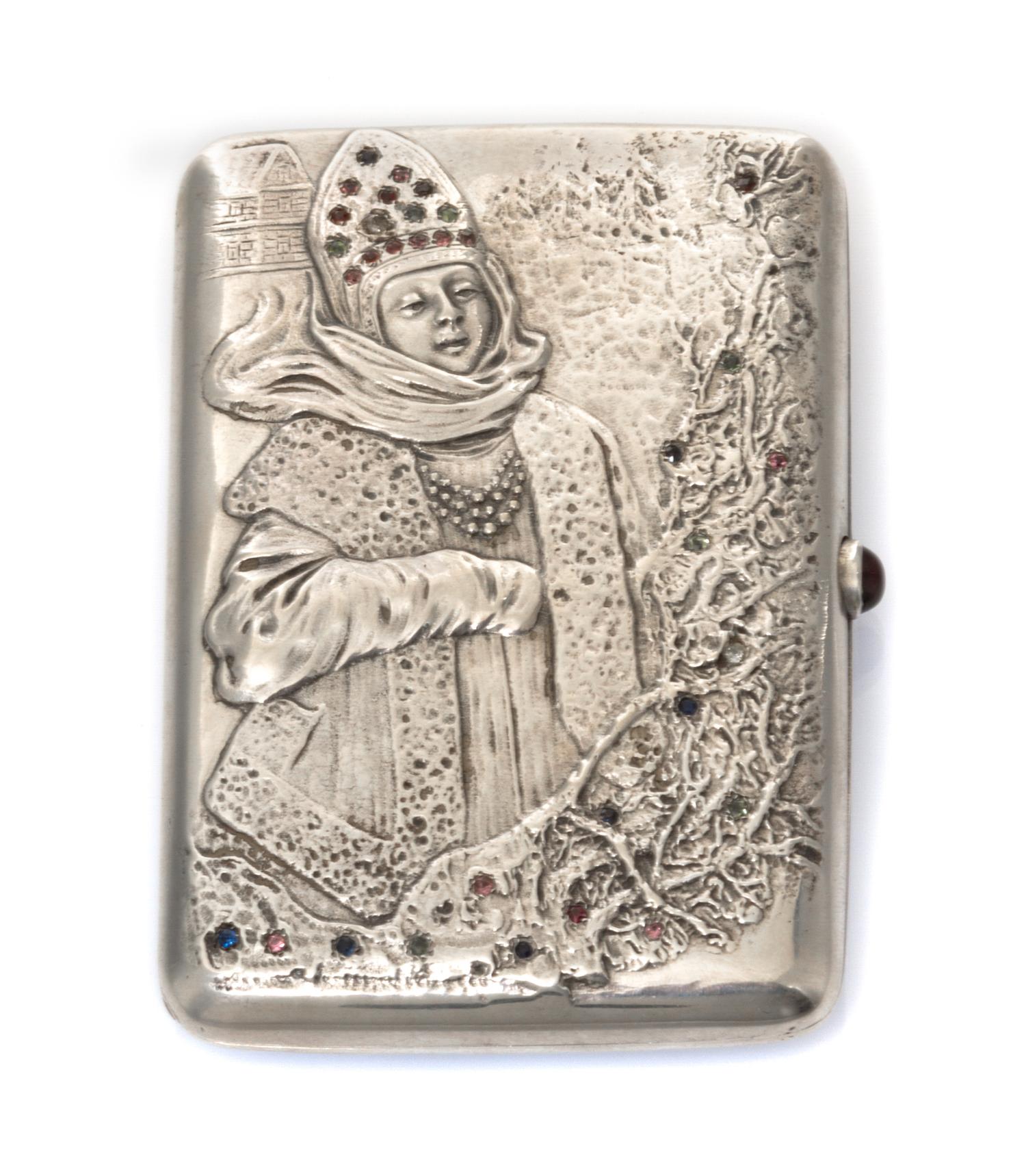 A Russian Silver and Jeweled Cigarette Case, Maker's mark Cyrillic IT in a triangle, assay mark of Ivan Lebedkin, Moscow, the lid worke