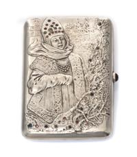 A Russian Silver and Jeweled Cigarette Case, Maker's mark Cyrillic IT in a triangle, assay mark of Ivan Lebedkin, Moscow, the lid worke