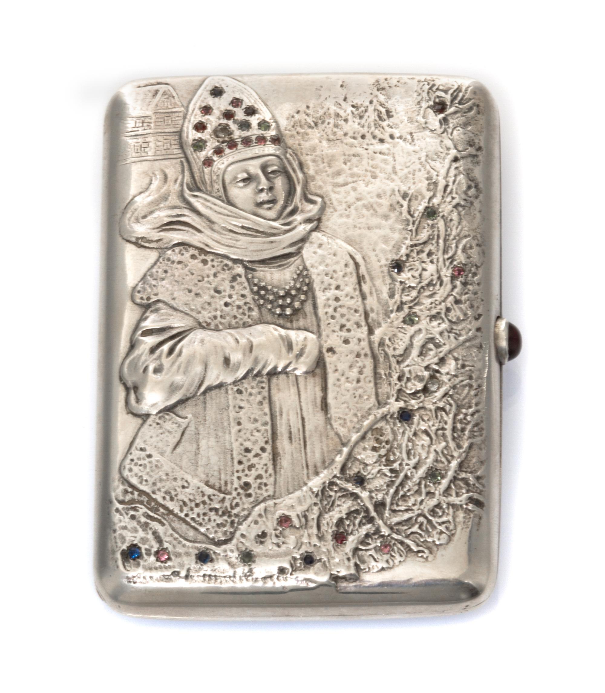 A Russian Silver and Jeweled Cigarette Case, Maker's mark Cyrillic IT in a triangle, assay mark of Ivan Lebedkin, Moscow, the lid worke