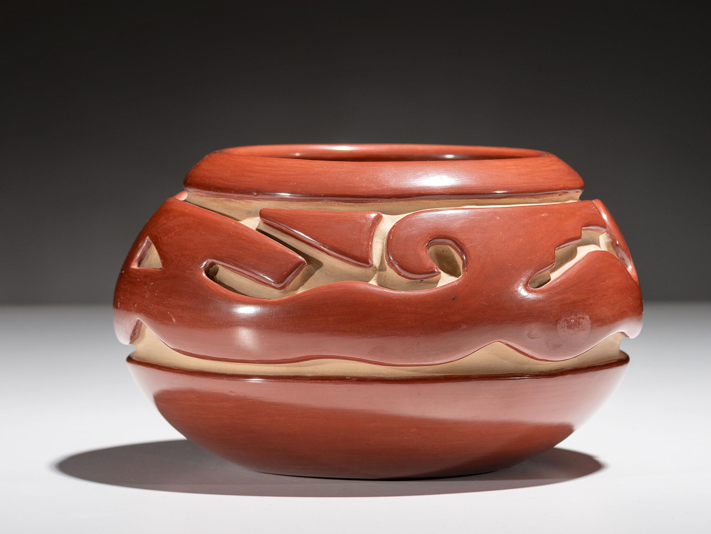 Carved Redware Pottery Bowl