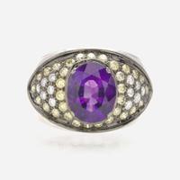 An Amethyst, Diamond, and Yellow Diamond Ring