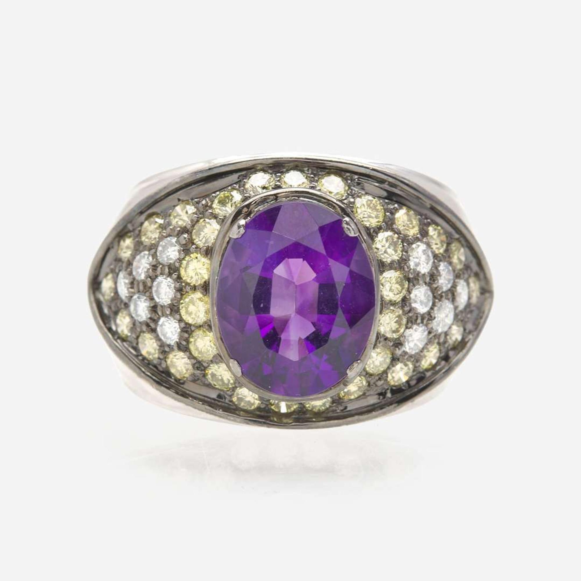 An Amethyst, Diamond, and Yellow Diamond Ring