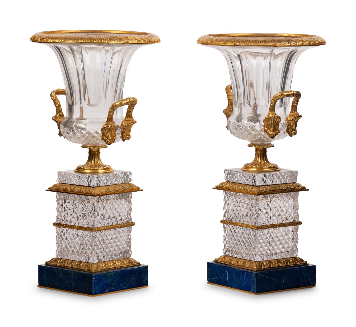 A Pair of Empire Style Gilt Bronze and Cut Glass Urns