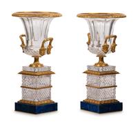 A Pair of Empire Style Gilt Bronze and Cut Glass Urns