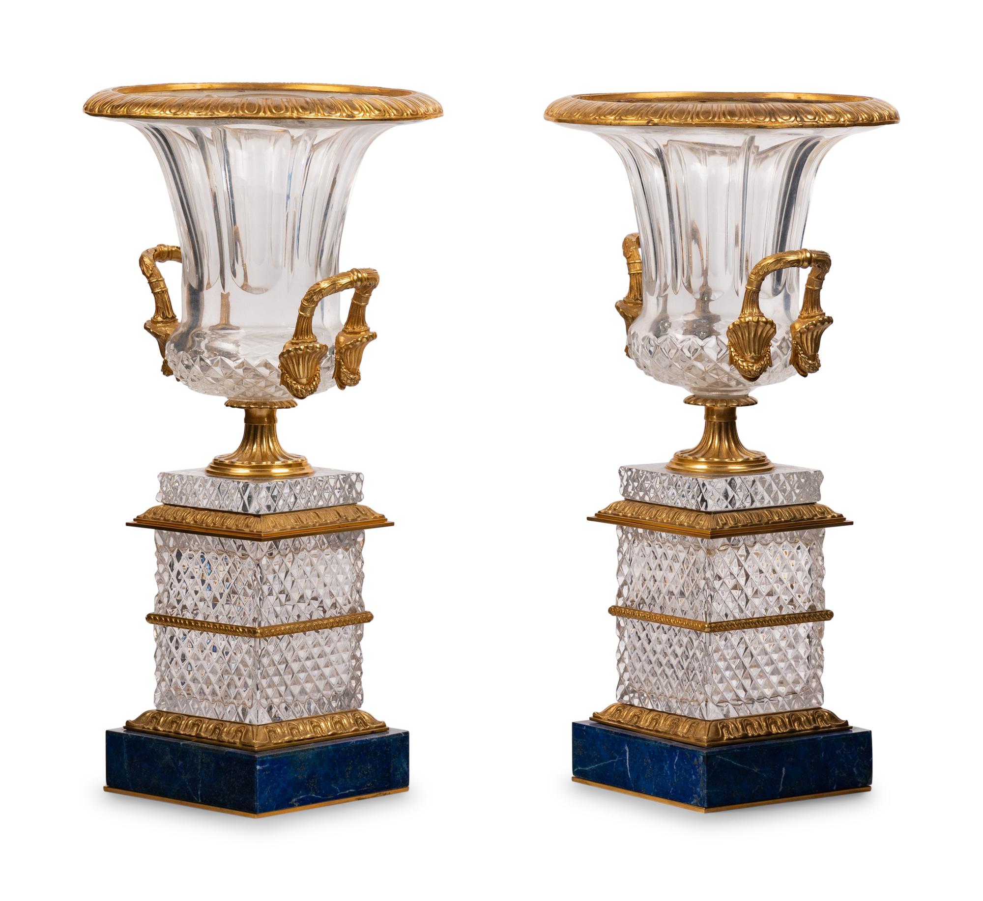 A Pair of Empire Style Gilt Bronze and Cut Glass Urns