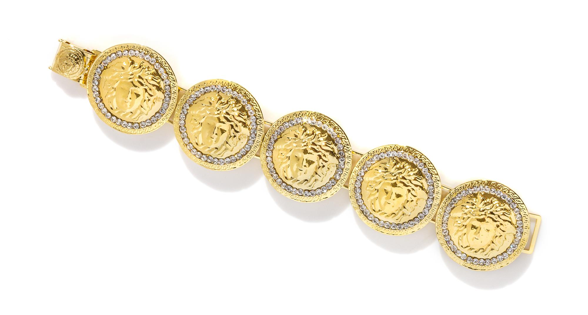 A Gianni Versace Medusa Medallion and Rhinestone Bracelet, 7.5" x 1.5".