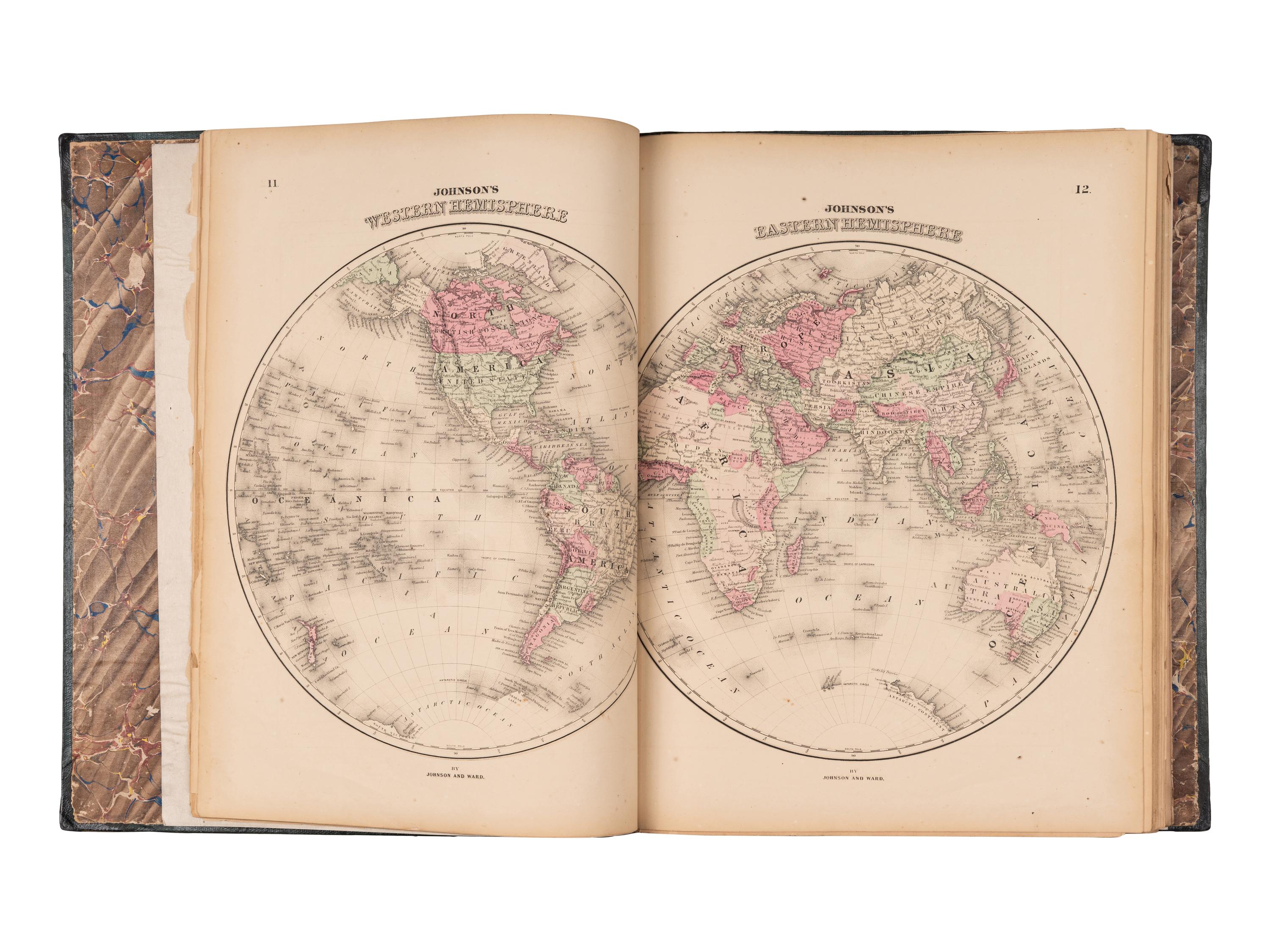 [ATLAS]. FISHER, Richard Swainson. Johnson's New Illustrated (Steel Plate) Family Atlas. Maps compiled, drawn, and engraved under the supervision of J.H. Colton and A.J. Johnson. New York: Johnson & Ward, [1865].
