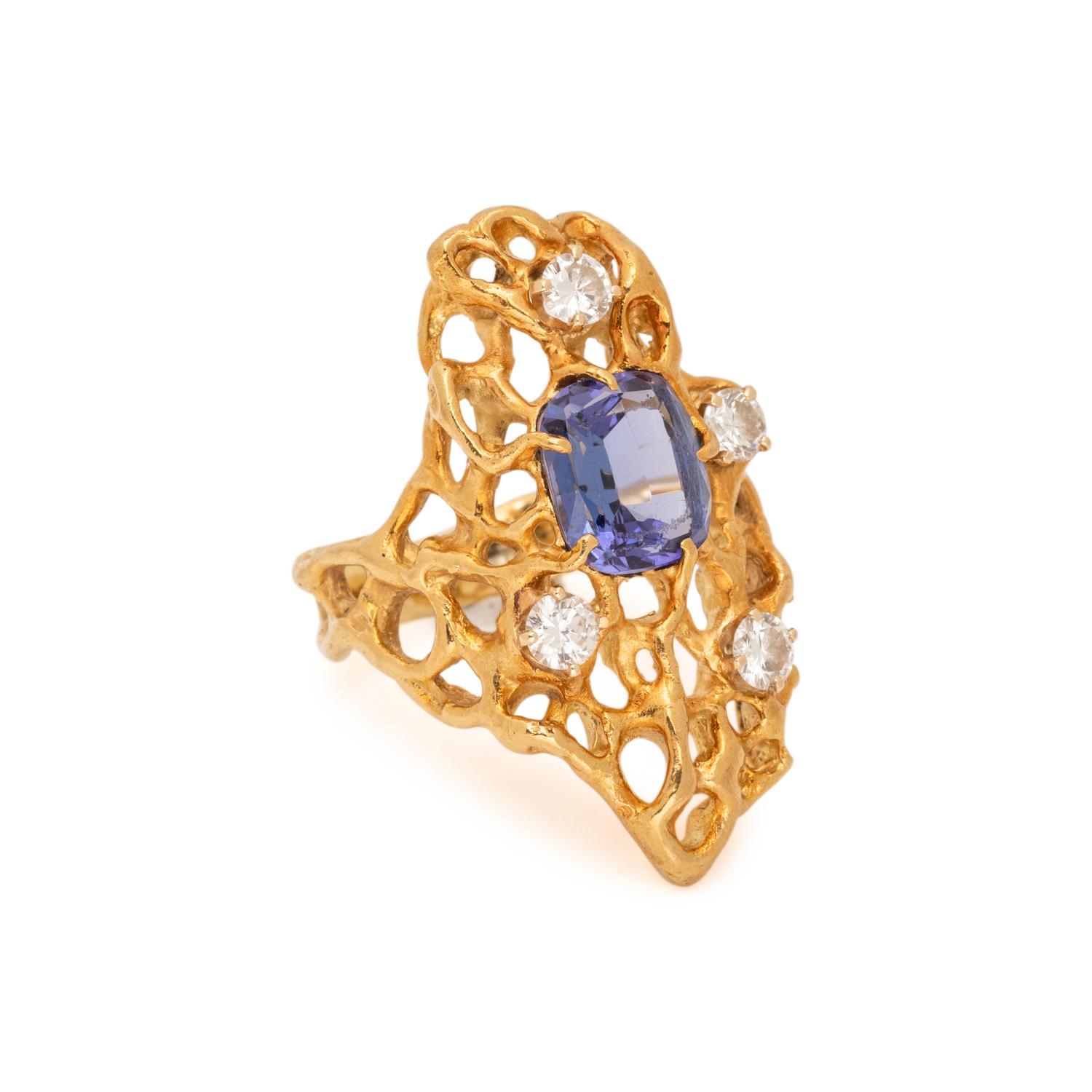 MODERNIST YELLOW GOLD, TANZANITE, AND DIAMOND RING