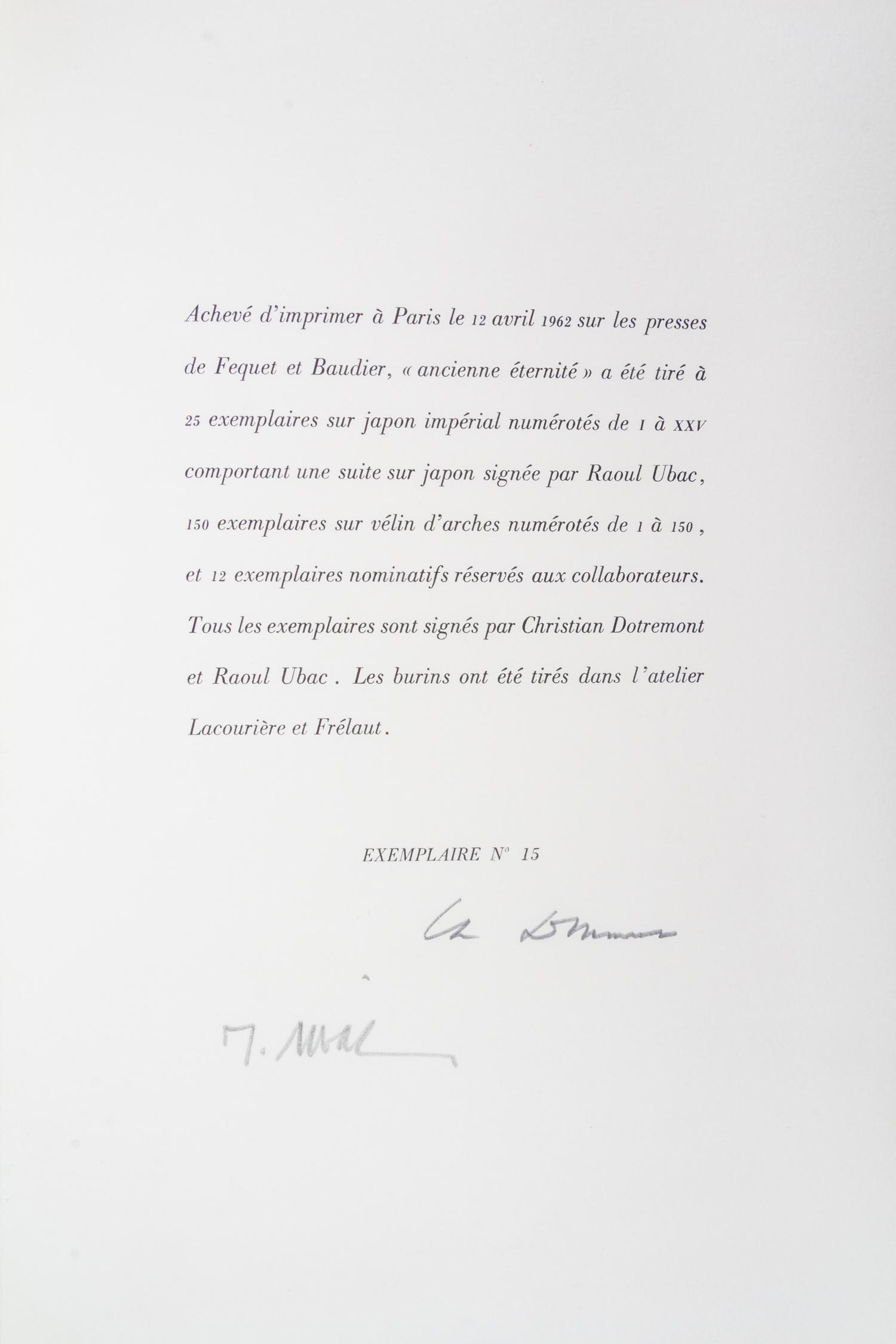 (UBAC, RAOUL) DOTREMONT, CHRISTIAN. Ancienne eternite. Paris, 1962. Limited, signed.