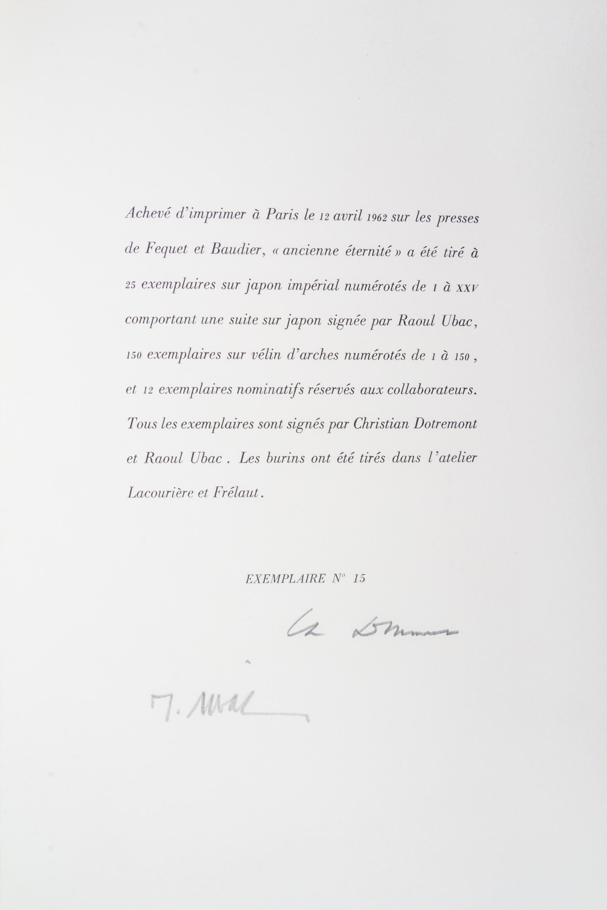 (UBAC, RAOUL) DOTREMONT, CHRISTIAN. Ancienne eternite. Paris, 1962. Limited, signed.