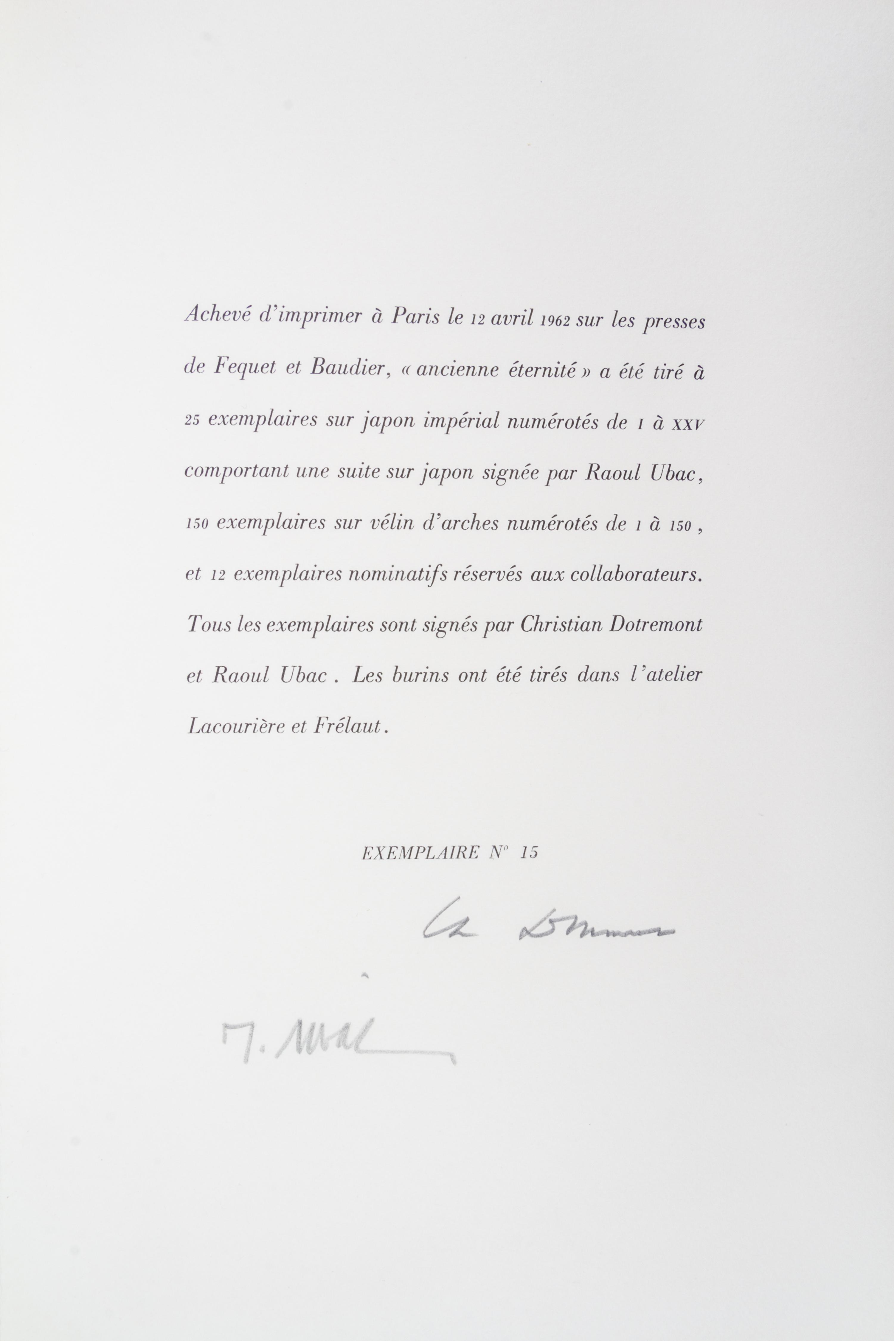 (UBAC, RAOUL) DOTREMONT, CHRISTIAN. Ancienne eternite. Paris, 1962. Limited, signed.