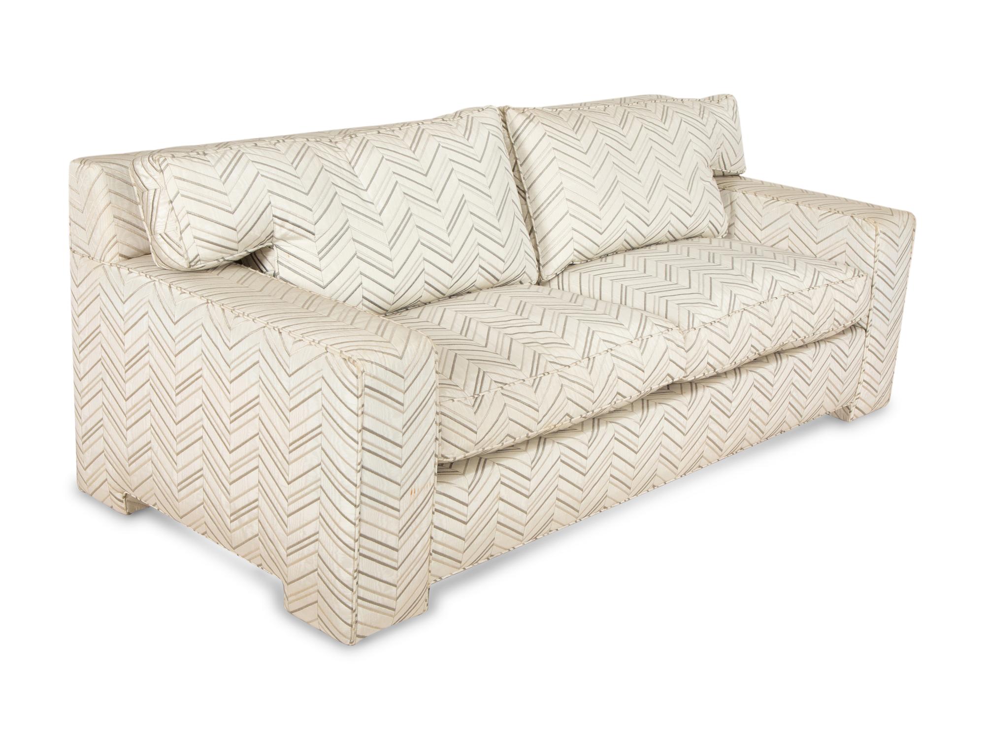 A Pair of Contemporary French Chevron Patterned Upholstered Sofas