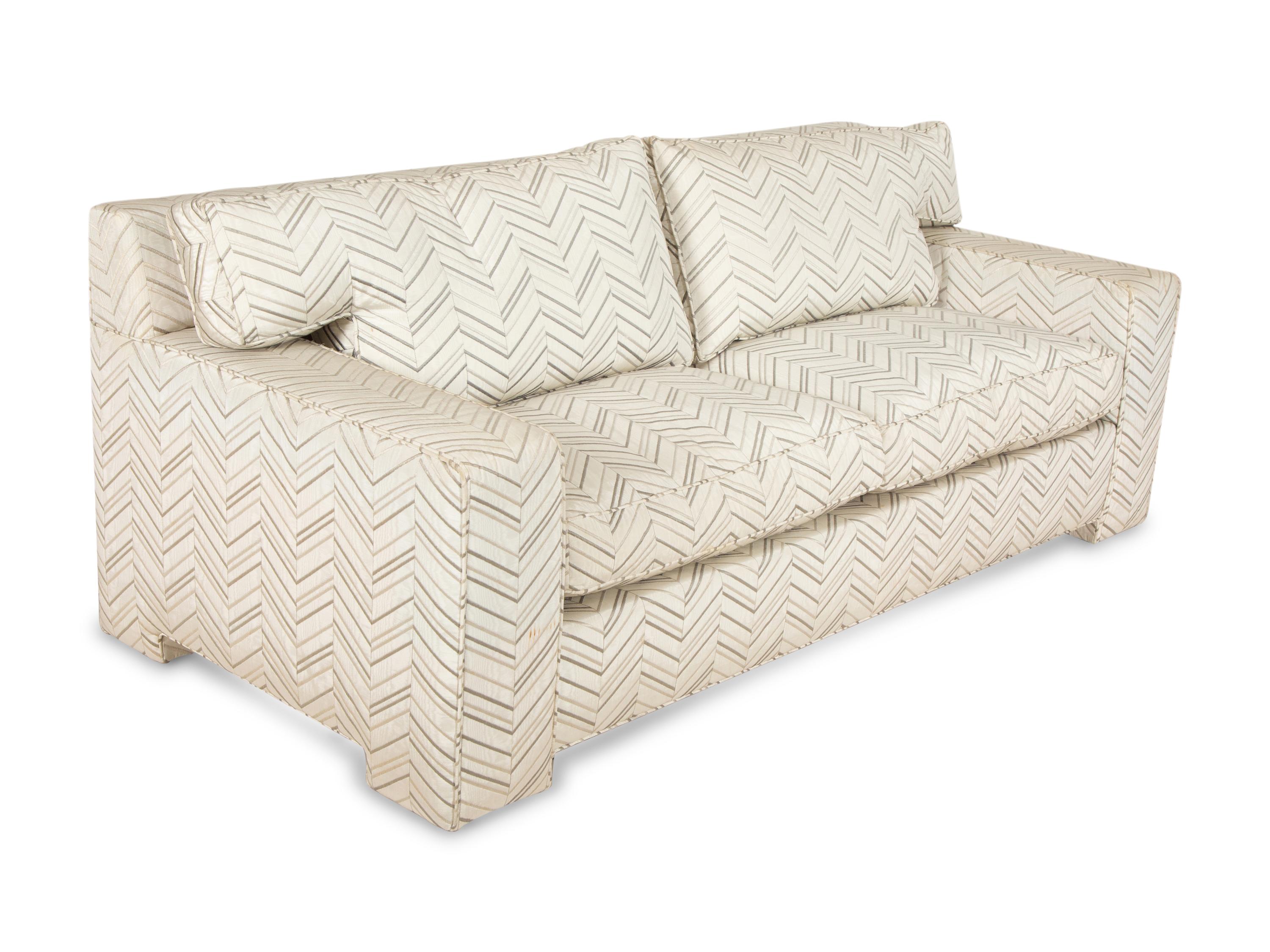 A Pair of Contemporary French Chevron Patterned Upholstered Sofas