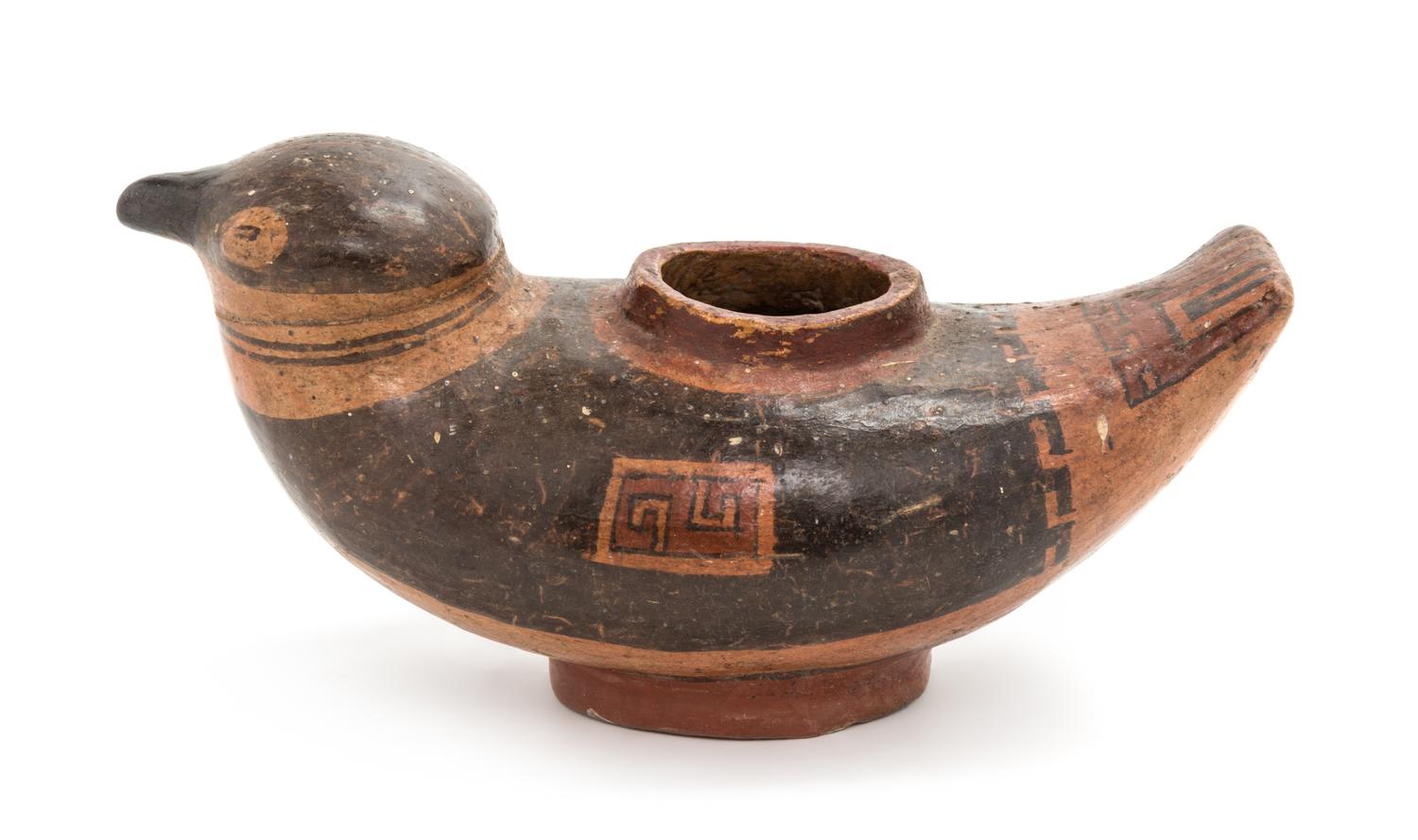 A Panamanian Polished and Painted Earthenware Effigy Vessel. Height 4 x width 7 1/4 x depth 4 inches.
