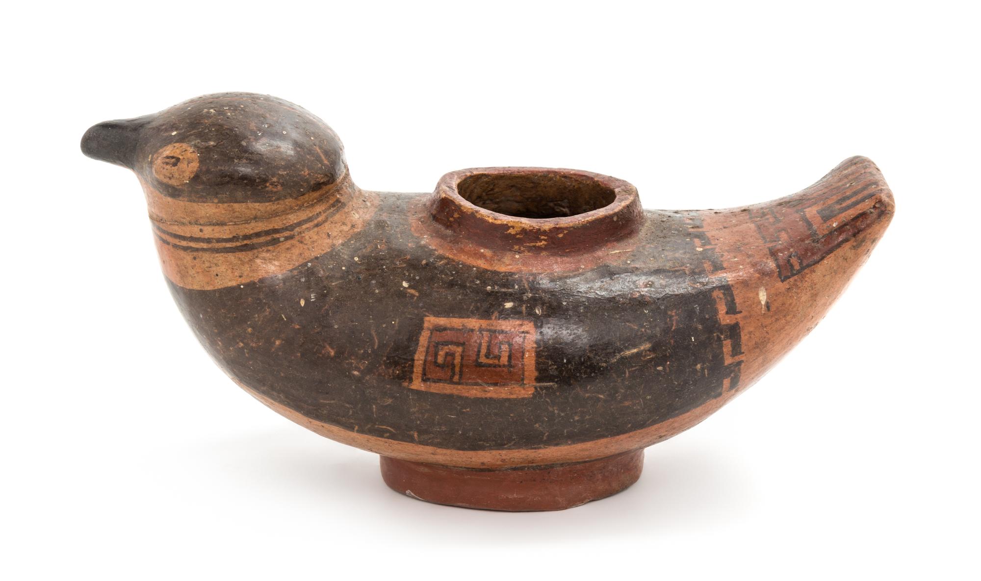 A Panamanian Polished and Painted Earthenware Effigy Vessel. Height 4 x width 7 1/4 x depth 4 inches.