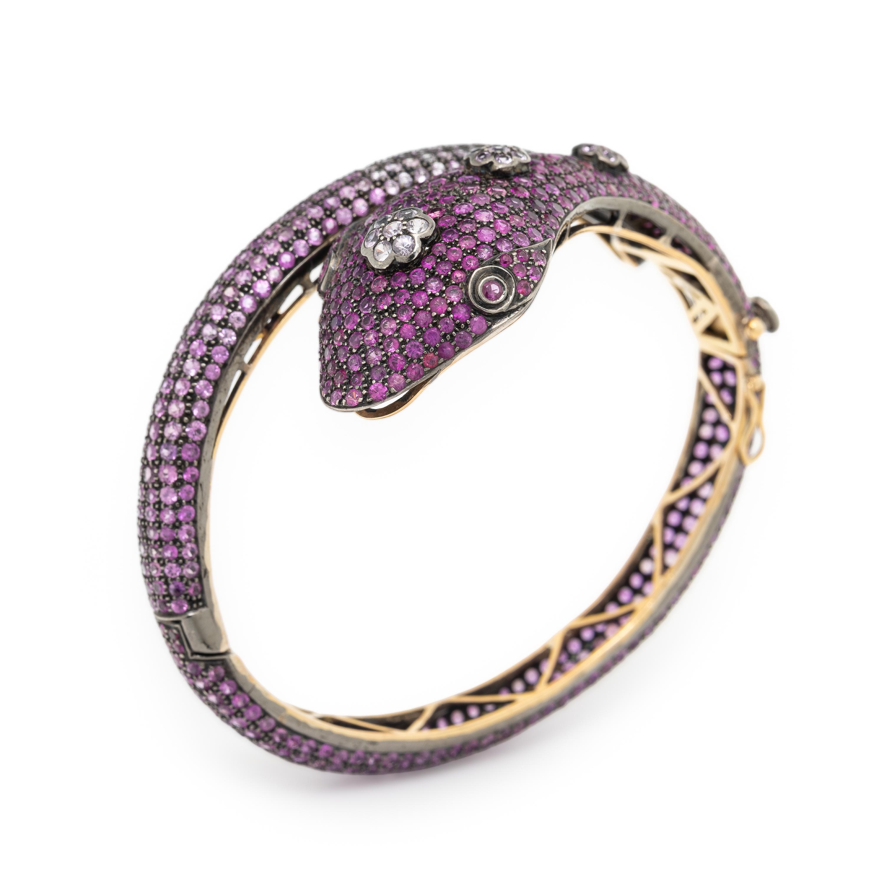 Pink Sapphire, Silver, and Yellow Gold Snake Bangle Bracelet