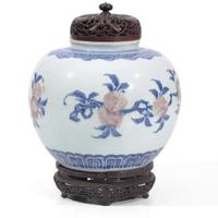 A Chinese underglaze blue and red porcelain jar 清花釉里红三多罐 18th century ????