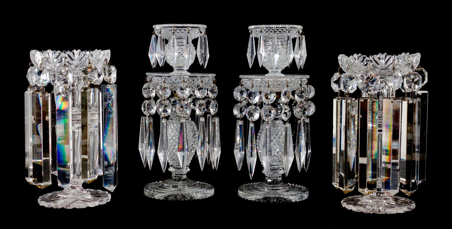 Two Pairs of Cut Crystal Lusters Height of taller 9 5/8 inches, width of shorter 4 3/4 inches, width of taller 4 inches. — 19TH CENTURY