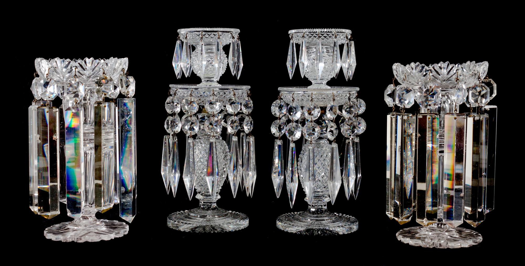 Two Pairs of Cut Crystal Lusters Height of taller 9 5/8 inches, width of shorter 4 3/4 inches, width of taller 4 inches. — 19TH CENTURY