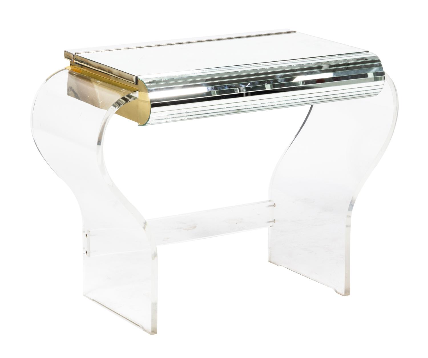 A Contemporary Lucite, Mirror and Brass Dressing Table Height 28 1/2 x width 39 x depth 19 1/2 inches.