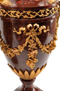 A Pair of Gilt Bronze Mounted Rouge Griotte Marble Urns