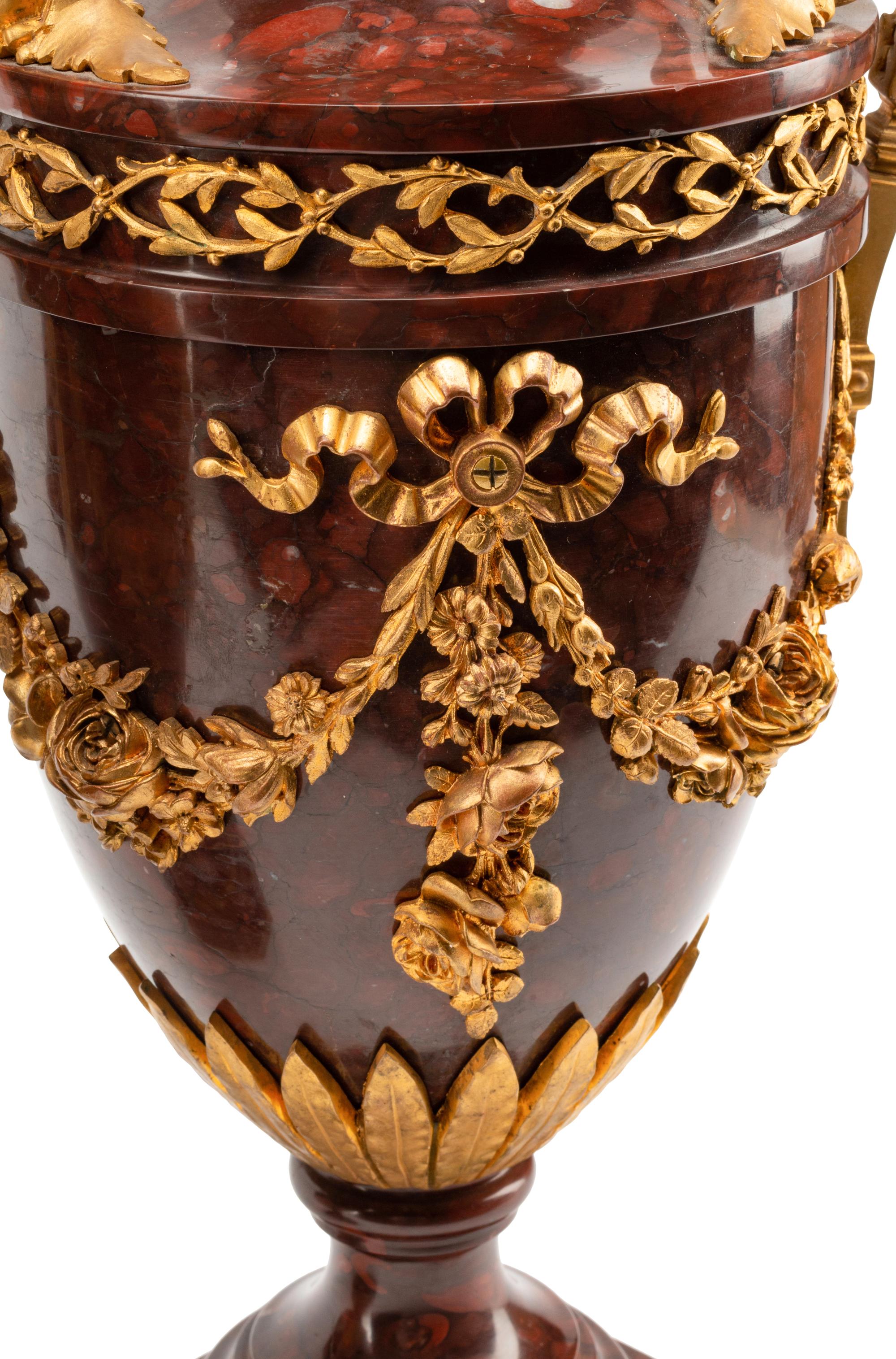 A Pair of Gilt Bronze Mounted Rouge Griotte Marble Urns