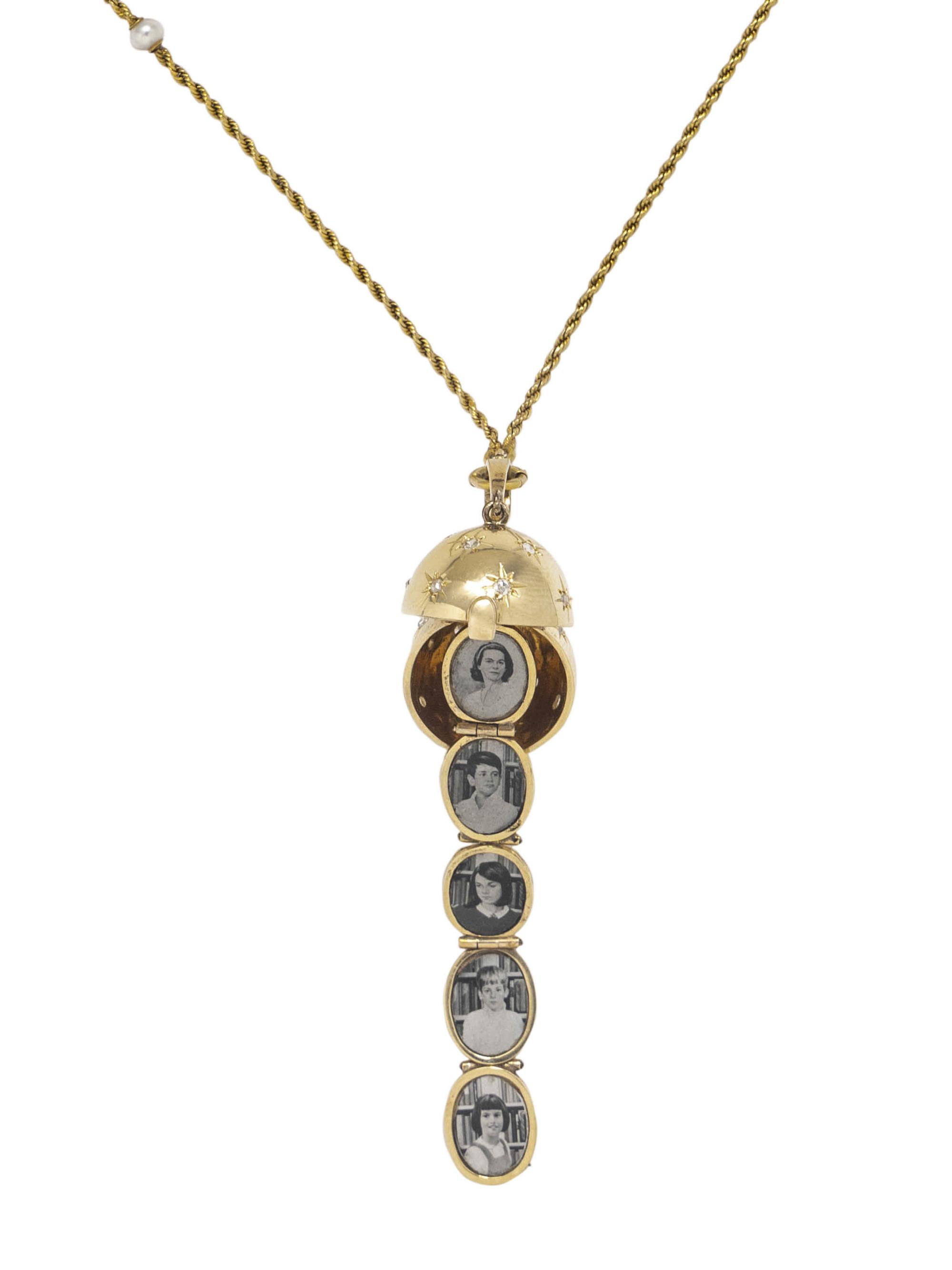 YELLOW GOLD, CULTURED PEARL AND DIAMOND LOCKET/NECKLACE
