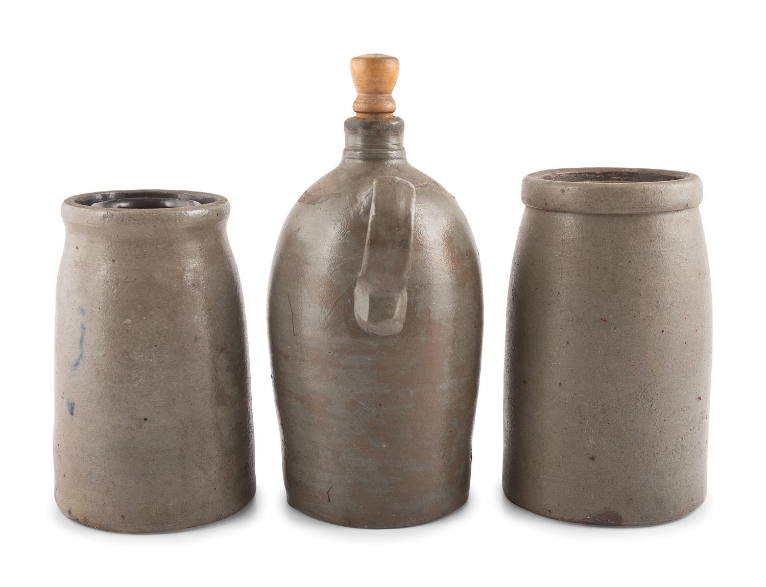 Two Cobalt-Decorated Stoneware Canners and Jug