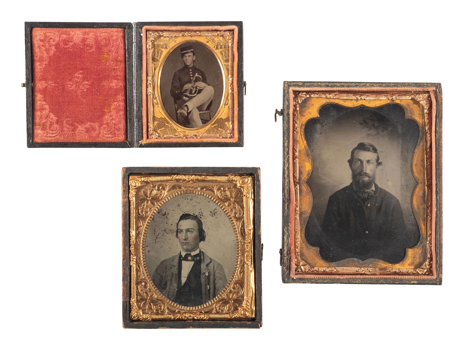[CIVIL WAR]. A group of 3 cased images, incl. tintype of a Civil War soldier and a bandsman.