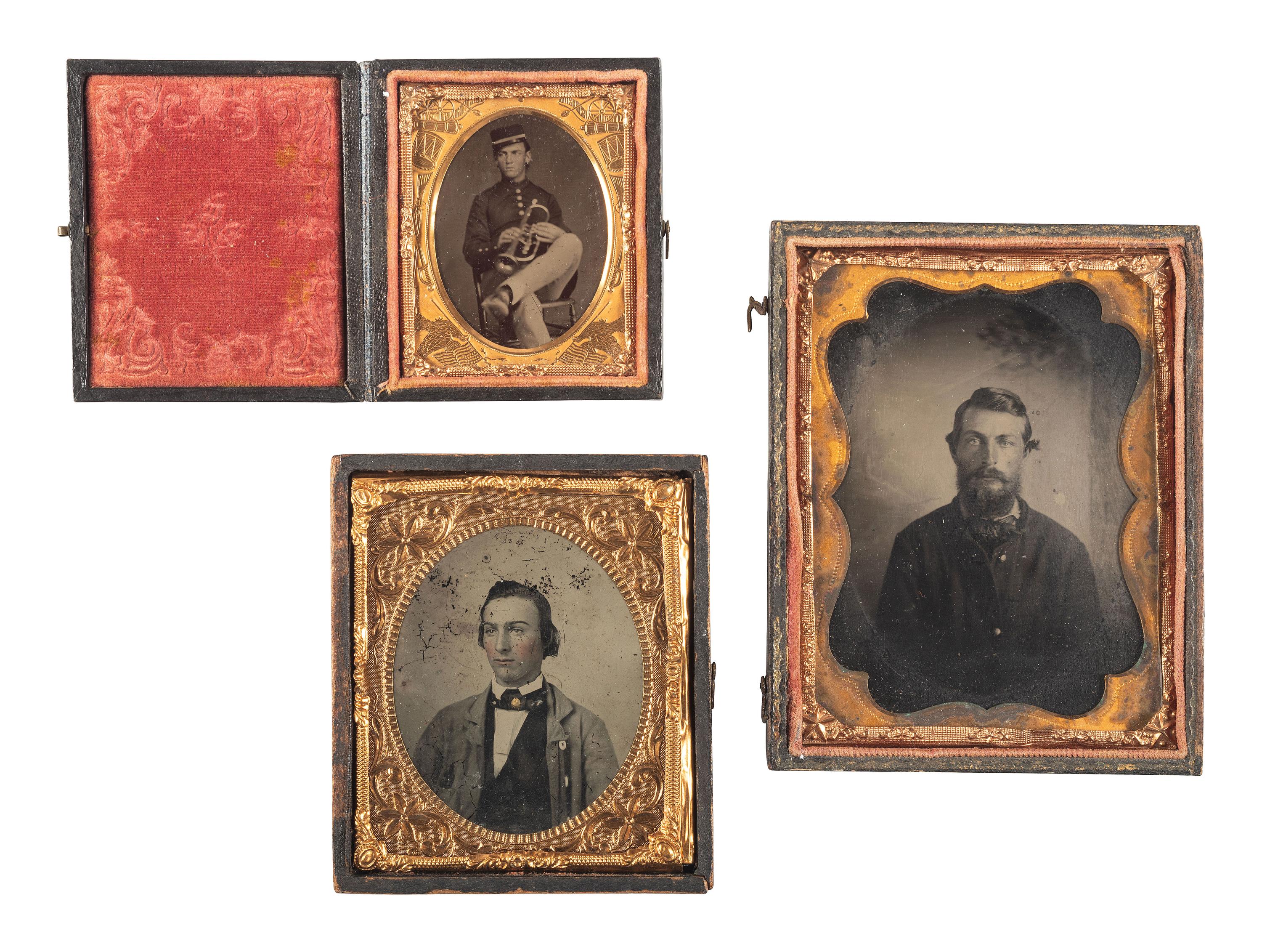 [CIVIL WAR]. A group of 3 cased images, incl. tintype of a Civil War soldier and a bandsman.