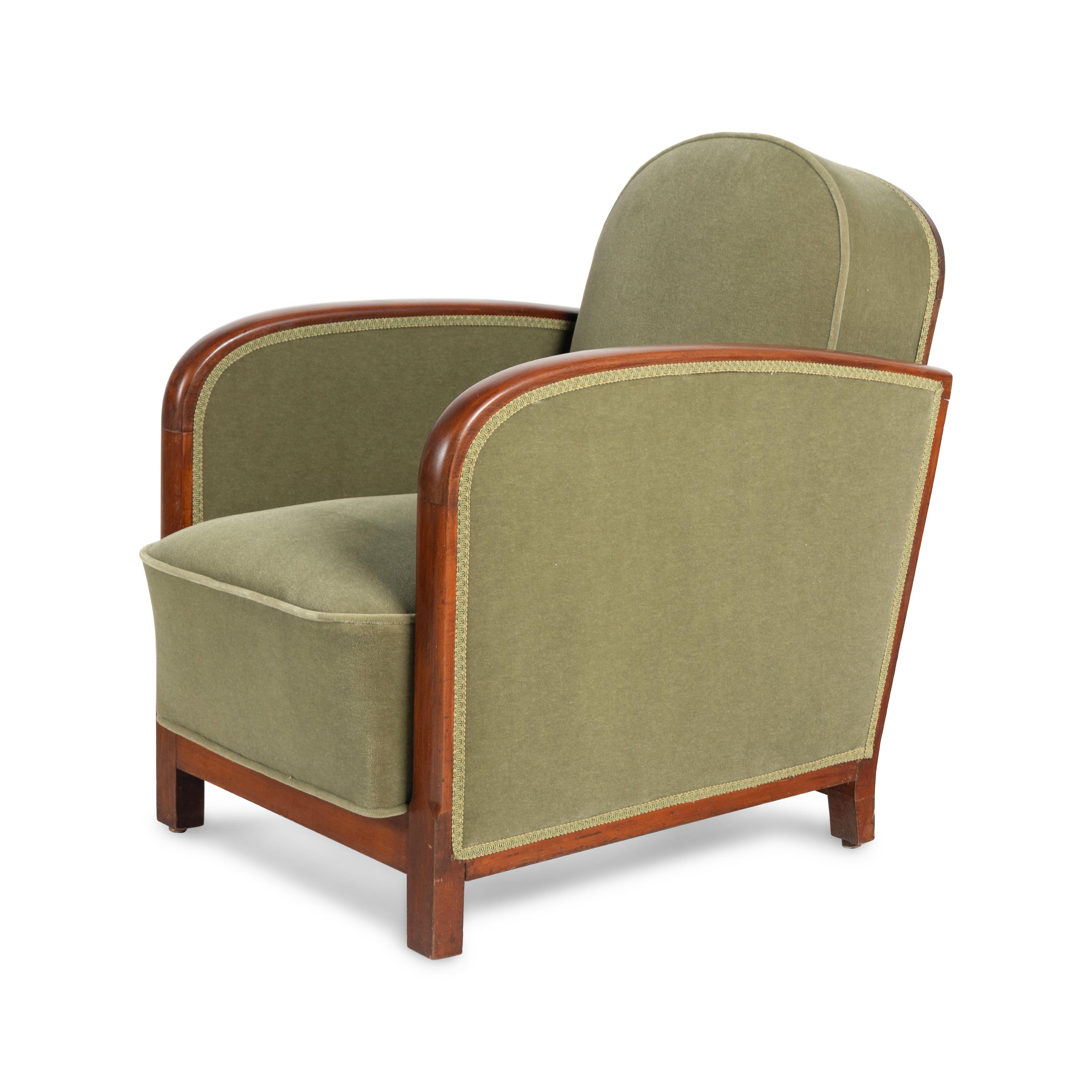 A Pair of Art Deco Armchairs and Stool