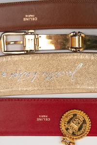 A Group of Five Designer Belts by Judith Leiber, Celine, Chanel, and Gucci