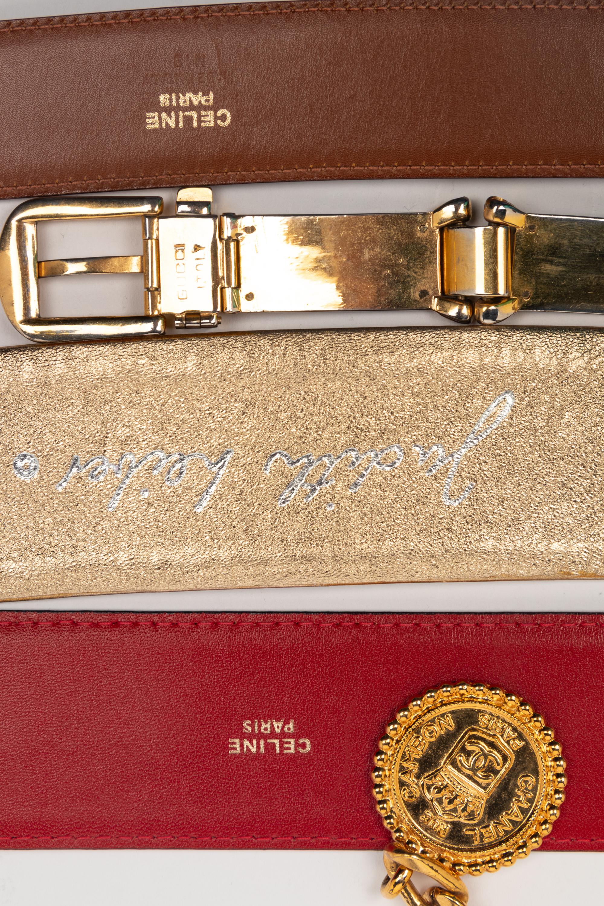 A Group of Five Designer Belts by Judith Leiber, Celine, Chanel, and Gucci