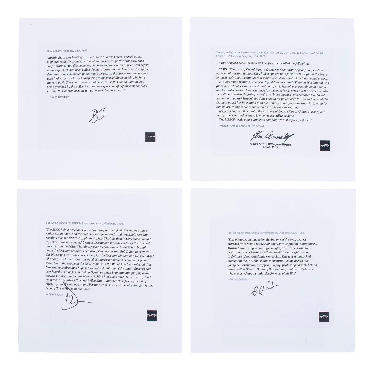 [CIVIL RIGHTS]. A group of 4 commemorative prints depicting iconic civil rights-era scenes, incl. examples by Bruce DAVIDSON, Danny LYON, and Eve ARNOLD.