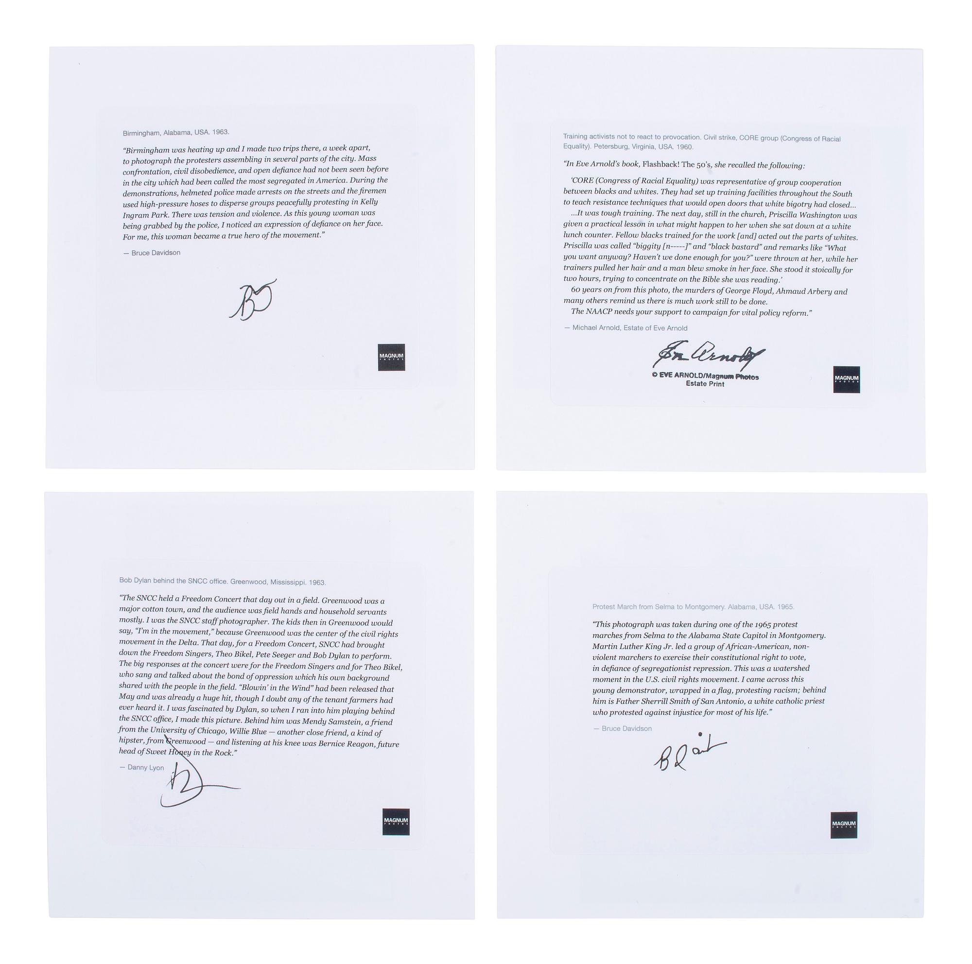 [CIVIL RIGHTS]. A group of 4 commemorative prints depicting iconic civil rights-era scenes, incl. examples by Bruce DAVIDSON, Danny LYON, and Eve ARNOLD.