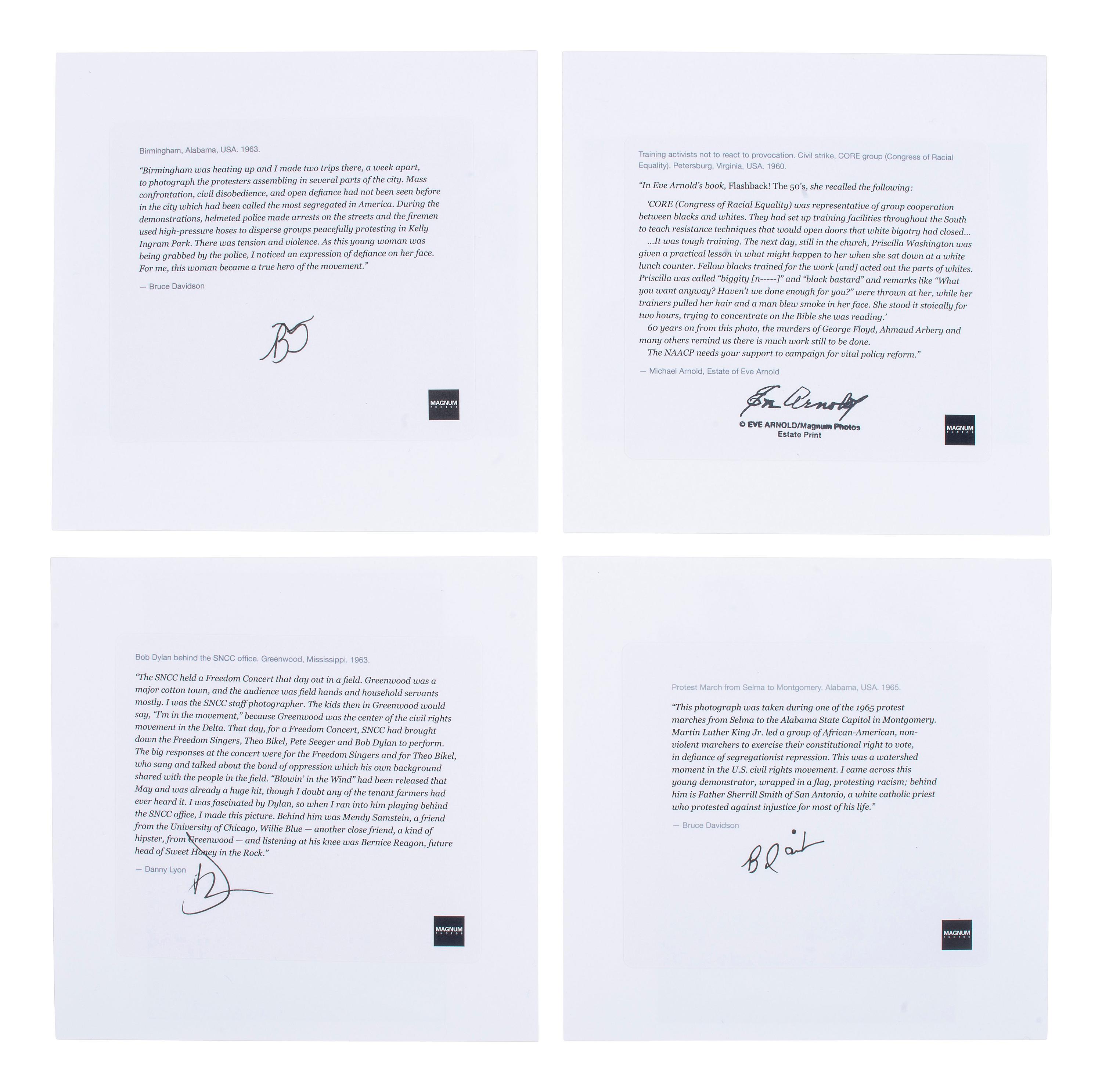 [CIVIL RIGHTS]. A group of 4 commemorative prints depicting iconic civil rights-era scenes, incl. examples by Bruce DAVIDSON, Danny LYON, and Eve ARNOLD.