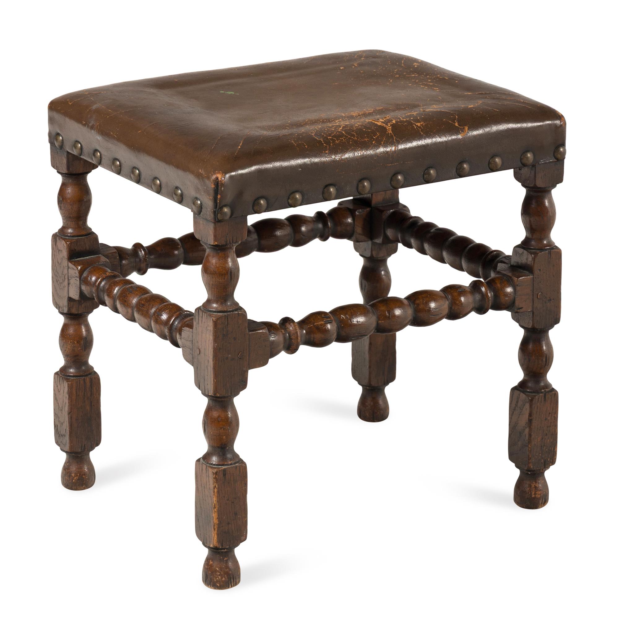 A William and Mary Style Oak and Leather Stool