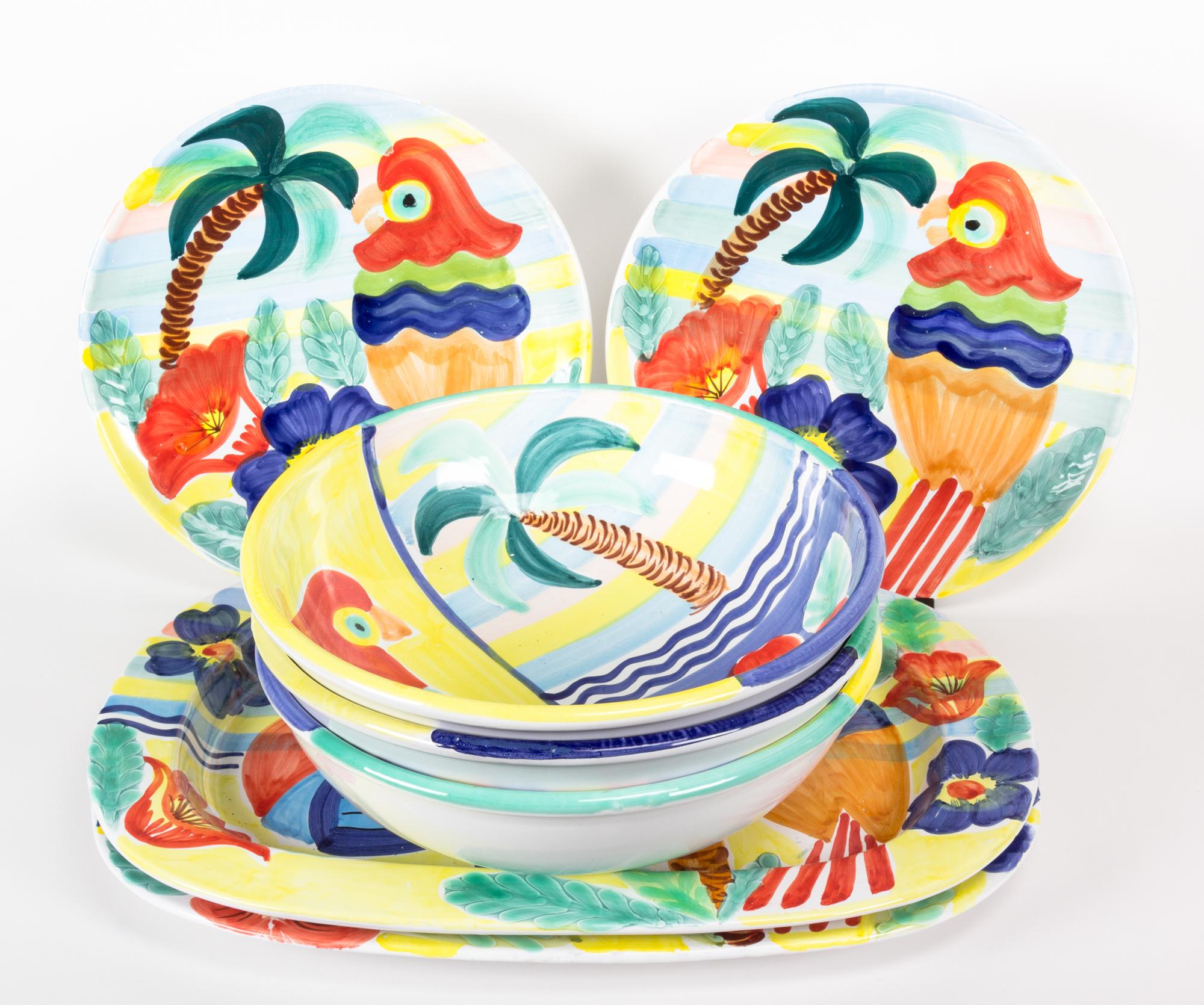 Seven Painted Ceramic Serving Dishes Length of largest 24 1/4 inches.