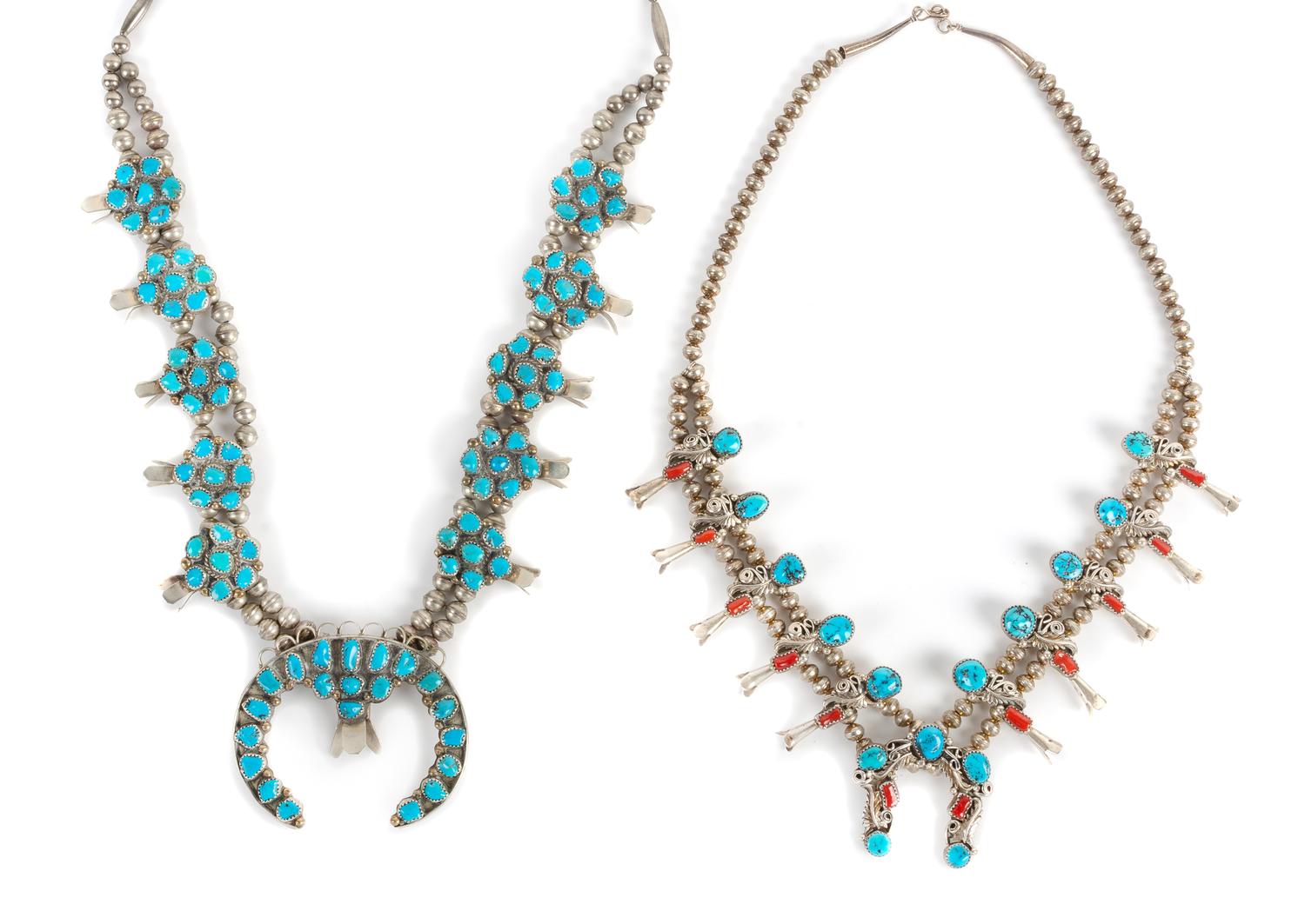 Silver and Turquoise Squash Blossom Necklace Length of largest 24 inches