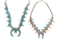 Silver and Turquoise Squash Blossom Necklace Length of largest 24 inches