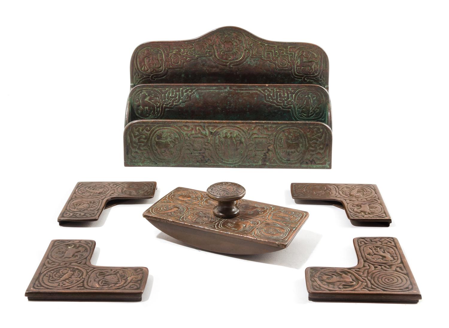 Tiffany Studios, a Zodiac pattern three-piece desk set