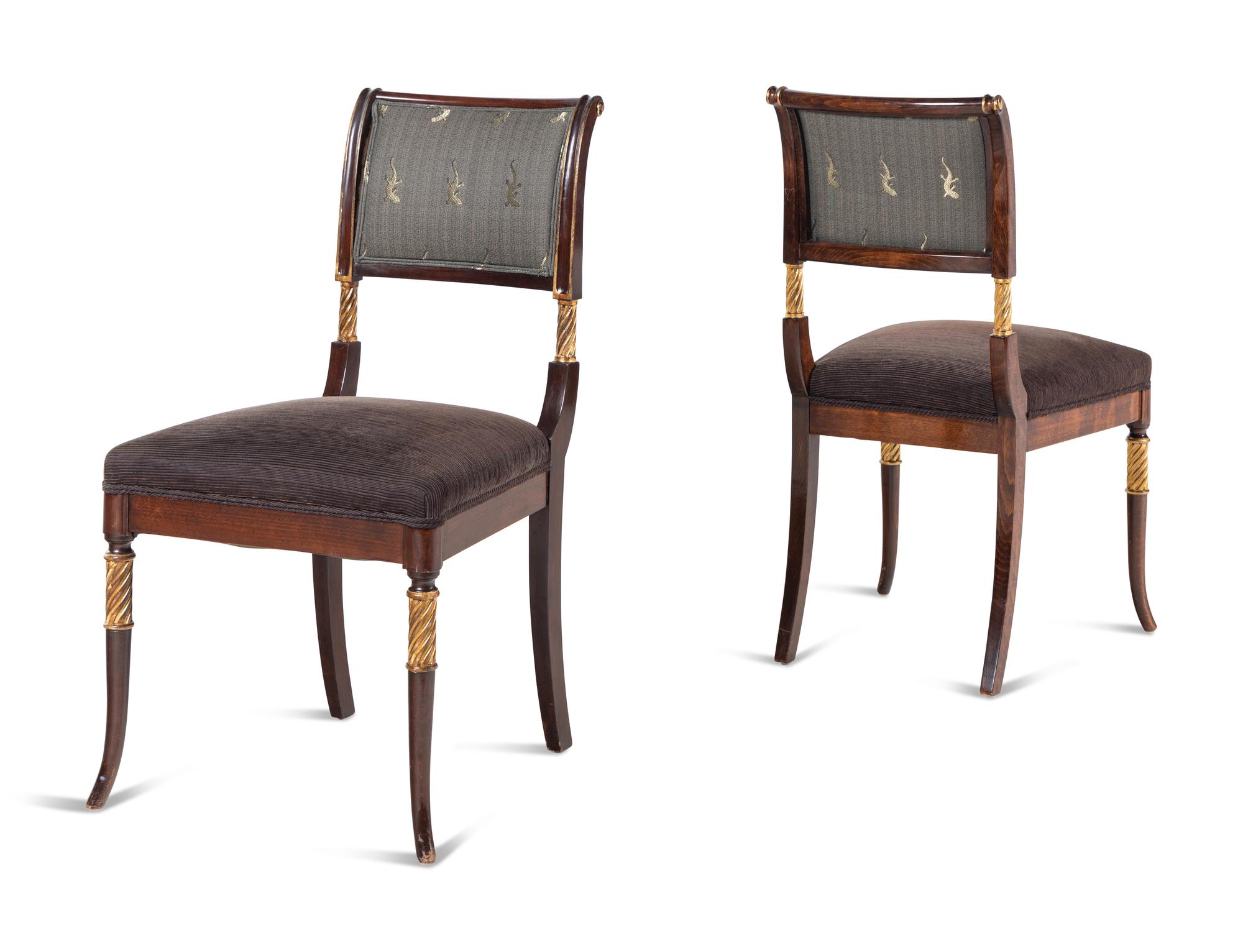 A Pair of Regency Style Parcel-Gilt Walnut Side Chairs