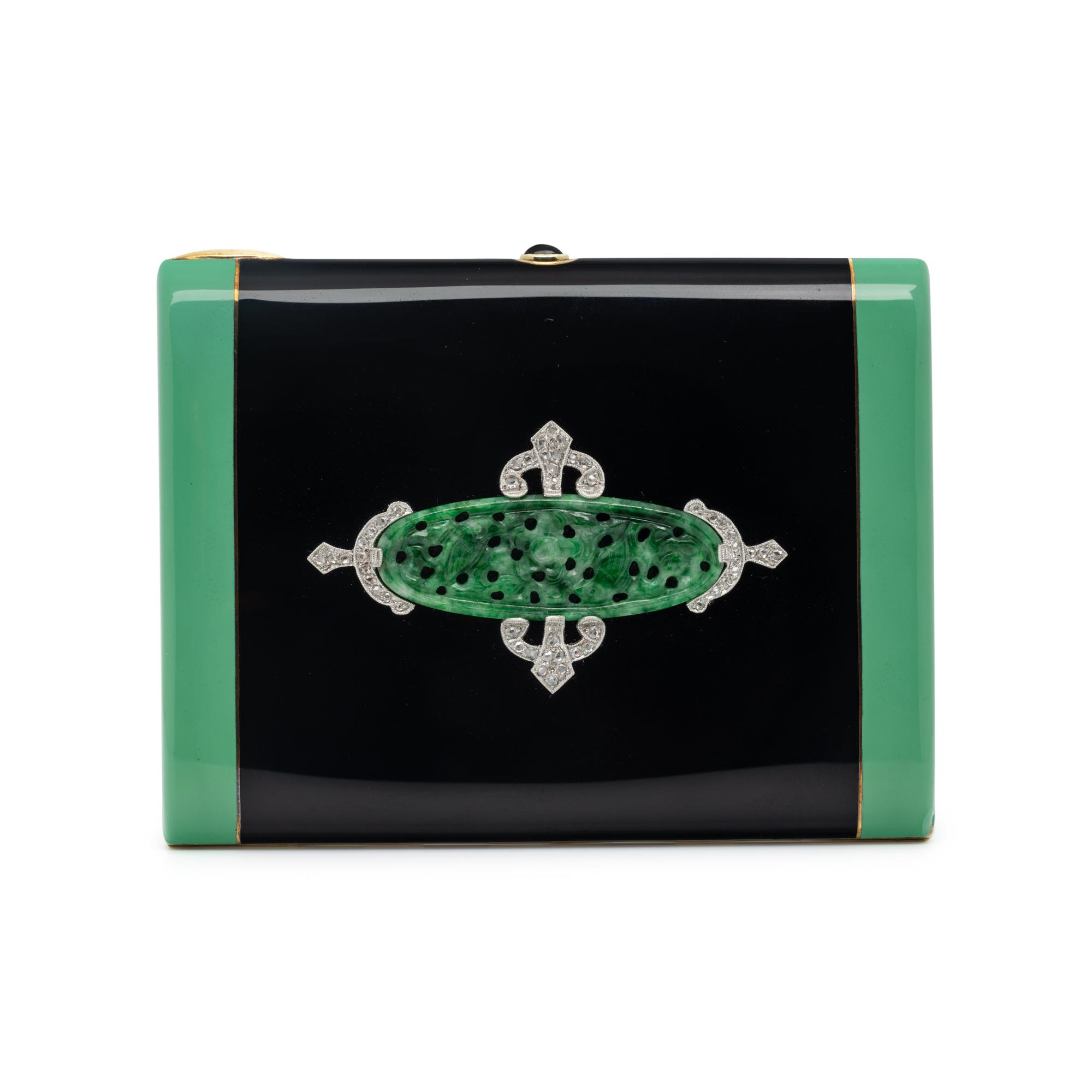 ART DECO, JADE, DIAMOND AND ENAMEL CIGARETTE CASE
