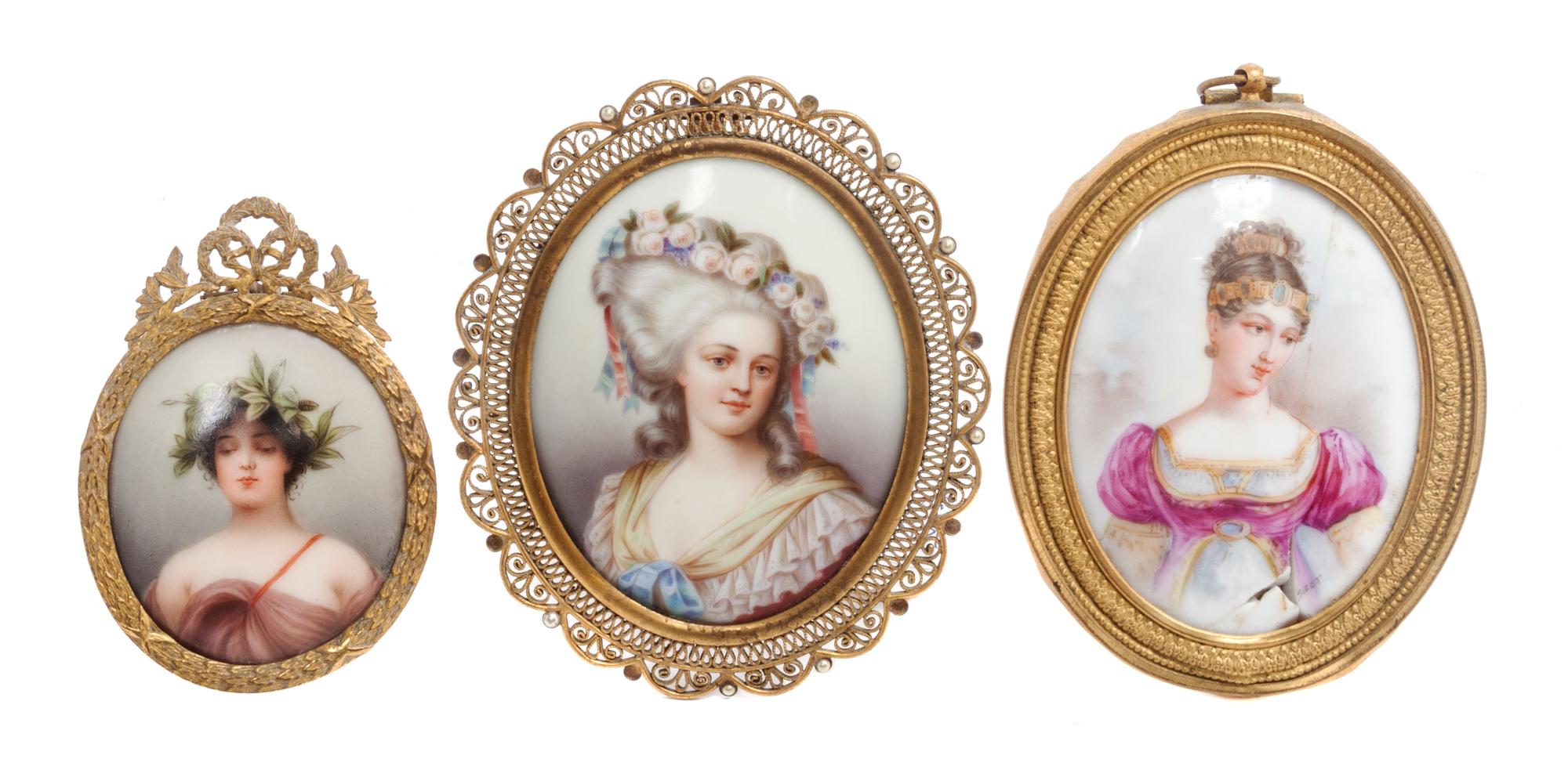 Three Continental Porcelain Plaques Height of tallest overall 4 1/4 inches.