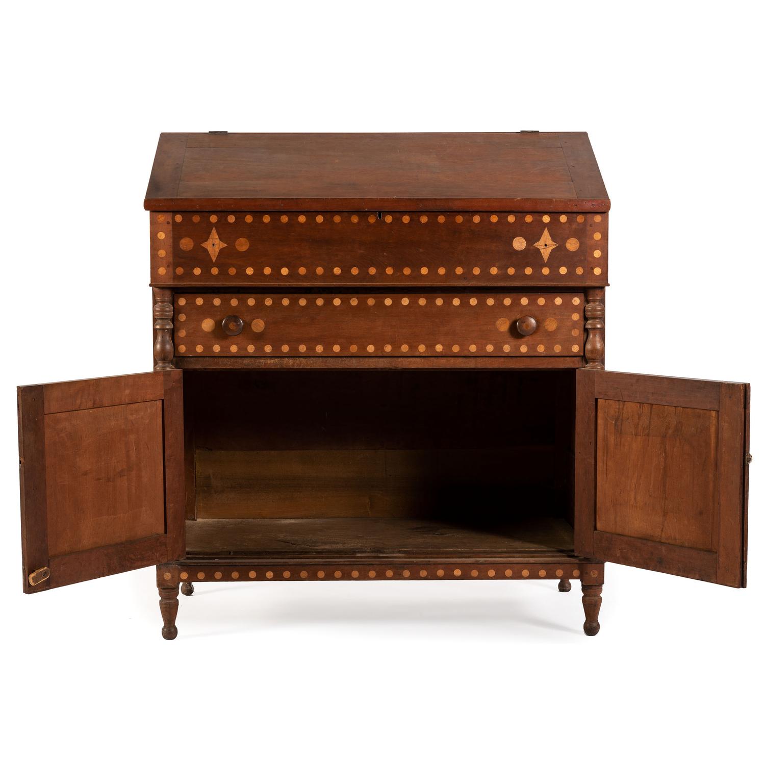 An Ohio Mennonite Inlaid Walnut and Cherrywood Slant Front Desk and Cupboard
