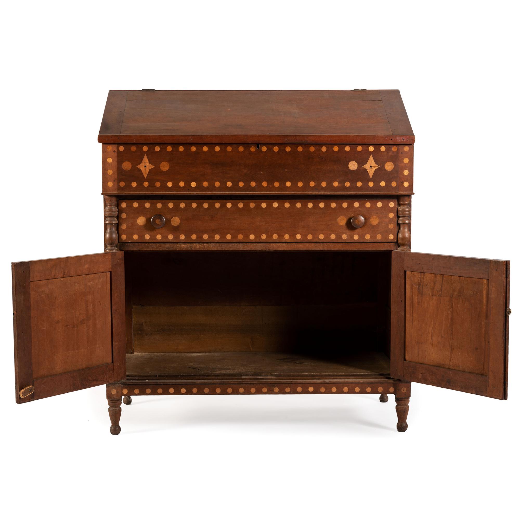 An Ohio Mennonite Inlaid Walnut and Cherrywood Slant Front Desk and Cupboard