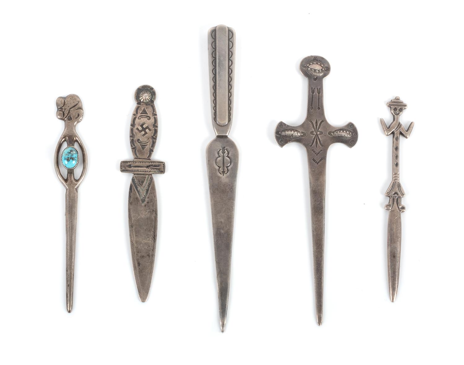 Five Navajo Silver Letter Openers Length of largest 7 inches