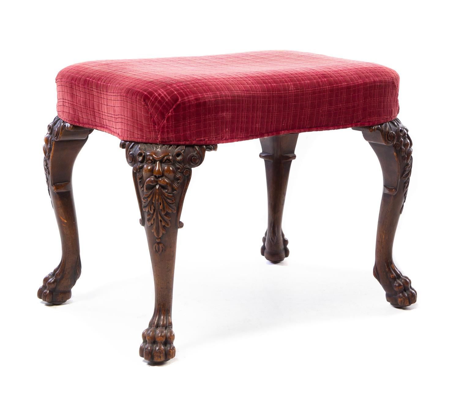 A George I Style Carved Mahogany Stool Height 21 x width 25 1/2 x depth 18 1/2 inches. — 19TH CENTURY