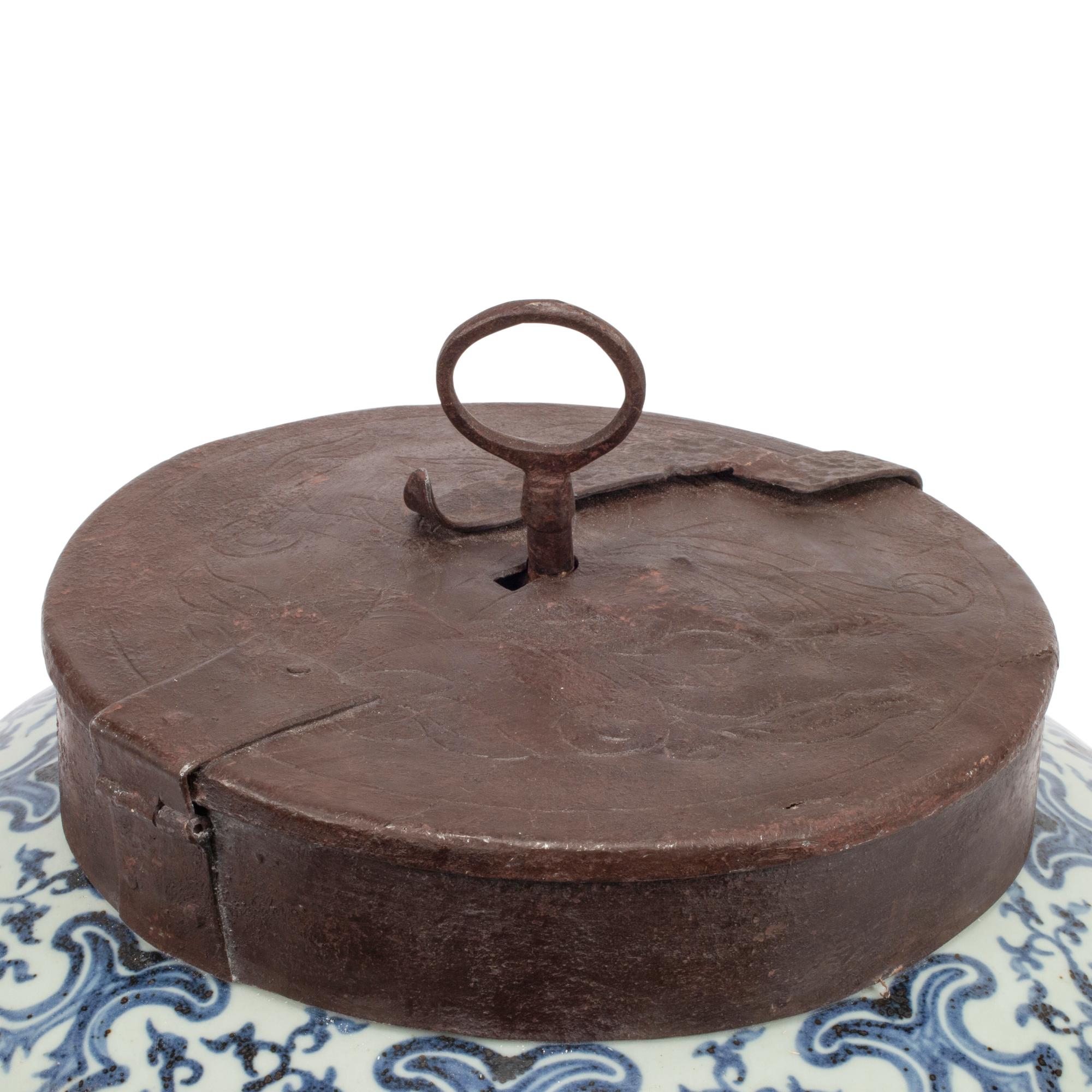 A Chinese Porcelain and Iron Mounted Locking Jar
